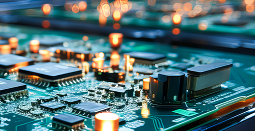 Close-up image of an illuminated circuit board, highlighting the intricate details and technology components
